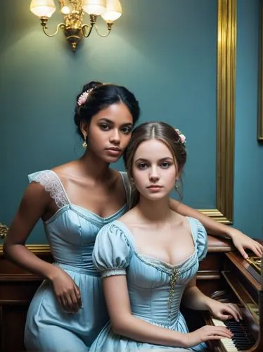 The two Legrand sisters in a Parisian piano bar. It should look as if a French Impressionist, as if Edgar Degas had painted the whole scene.,two woman are sitting at the piano posing,pianists,noblewom