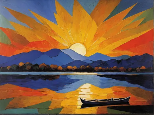 3-fold sun,khokhloma painting,pachamama,lake santa fe,sun,boat landscape,layer of the sun,sunburst,agua de valencia,sun reflection,indigenous painting,phoenix boat,titicaca,felucca,sun of jamaica,rising sun,evening lake,travel poster,summer solstice,chiapas,Art,Artistic Painting,Artistic Painting 05