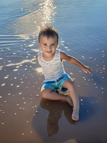 niño en el mar con arena y agua cristalina camisola blanca short playero colores celeste con blanco,playing in the sand,baby footprint in the sand,baby float,child model,beach background,child portrai