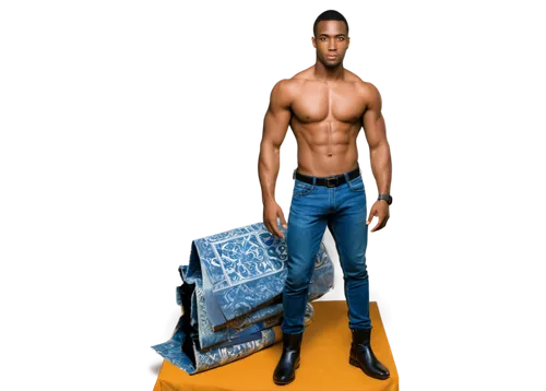 Strong black male model, athletic build, shirtless, muscular chest, six-pack abs, low-waisted jeans, black boots, confident pose, serious facial expression, short black hair, no glasses, smooth skin, 