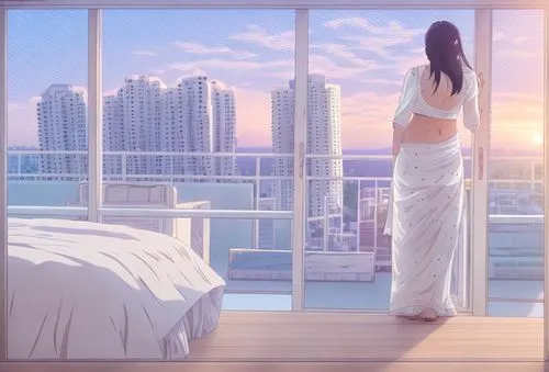 a middle age woman standing in bedroom balcony, wearing a white saree, bare back, showing her back, Indian city view from bedroom, white bed,beautiful morning view,landscape background,romantic scene,