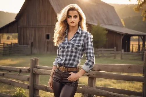 A blonde woman with long, flowing hair wearing a classic cowgirl outfit, including a plaid shirt, denim jeans, and leather boots, standing in front of a rustic wooden barn on a vibrant farm in the 199