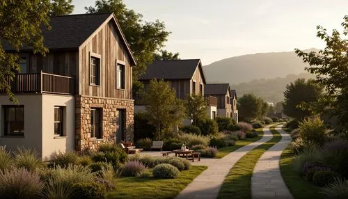 townhomes,netherwood,cottages,wooden houses,ecovillages,arrowtown,streamwood,yountville,cohousing,townhouses,new housing development,ecovillage,aurora village,lodges,townhome,alpine village,3d rendering,boardinghouses,render,bungalows