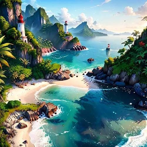 a beautiful scenic view of an island with lighthouse,tropical sea,cartoon video game background,an island far away landscape,tropical island,south seas,islands,Anime,Anime,General