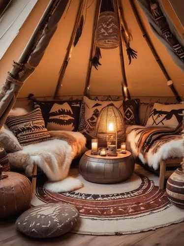 Tipi interior design, cozy atmosphere, Native American style, earthy tones, beige canvas, wooden poles, soft lantern lighting, plush fur throws, woven baskets, natural fabrics, comfortable seating are