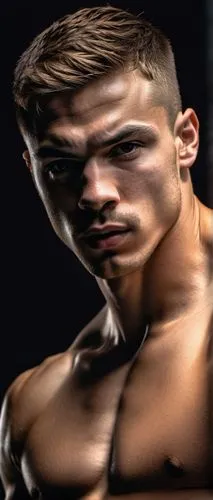 image of a young man, muscular boxer, really short hair with fade, not too sharp jawline but still alright, black background, by  David-Simon Dayan,neck,male model,lukas 2,kos,lethwei,mma,primitive ma