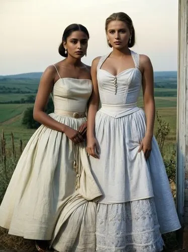 Grace Kelly, Aishwarya Rai and Scarlett Johansson in the Country.,two beautiful women in dresses standing by a gate,wedding dresses,brides,wedding photo,bridezillas,countesses,wedding dress train,Phot