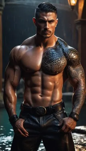 Dark Souls style, Horizon Style, create a scene with powerful tattoed muscled most handsome Robin Hood with powerful muscles wearing leather pants and no shirt on a satir coming to town with thunders.