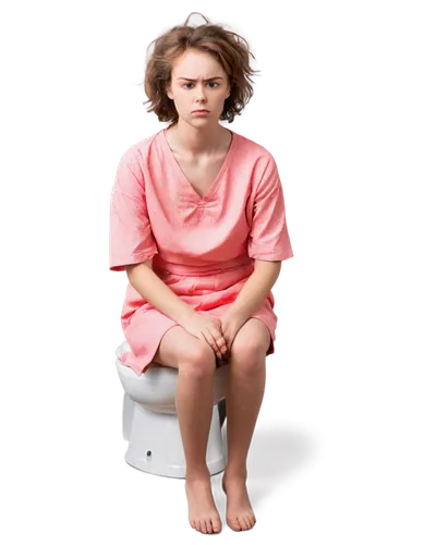 "Red inflamed hemorrhoid, painful expression, sweating forehead, messy hair, worried eyes, pale skin tone, hospital gown, sitting on toilet, morning light, 3/4 composition, shallow depth of field, sof