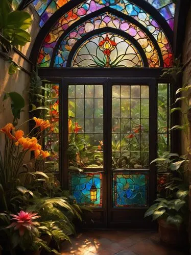 conservatory,garden door,stained glass windows,art nouveau,greenhouse,winter garden,glass window,stained glass,tropical house,art nouveau frames,art nouveau frame,stained glass window,aquarium decor,art nouveau design,terrarium,flower dome,colorful glass,dandelion hall,big window,tropical bloom,Illustration,Realistic Fantasy,Realistic Fantasy 32