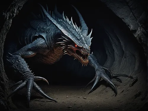 In the dimly lit underground lair, the monstrous creature unfurled its pincers, ready to strike.,black dragon,wyrm,forest dragon,basilisk,painted dragon,gryphon,krampus,arthropod,dark-type,supernatura