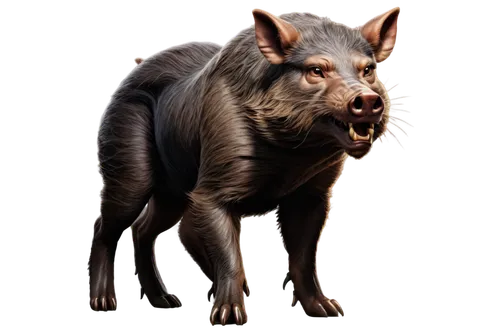 Wild boar, angry facial expression, sharp tusks, messy brown hair, muscular body, strong legs, hoof details, golden eyes, fierce gaze, aggressive posture, standing on hind legs, claws visible, 3D real