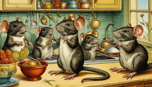 vintage mice,white footed mice,mice,rodents,rats,ratatouille,many teat mice,baby rats,rodentia icons,mousetrap,anthropomorphized animals,parsley family,spoon-billed,whimsical animals,mouse trap,cookery,rat na,rataplan,dinner party,year of the rat,Illustration,Retro,Retro 24