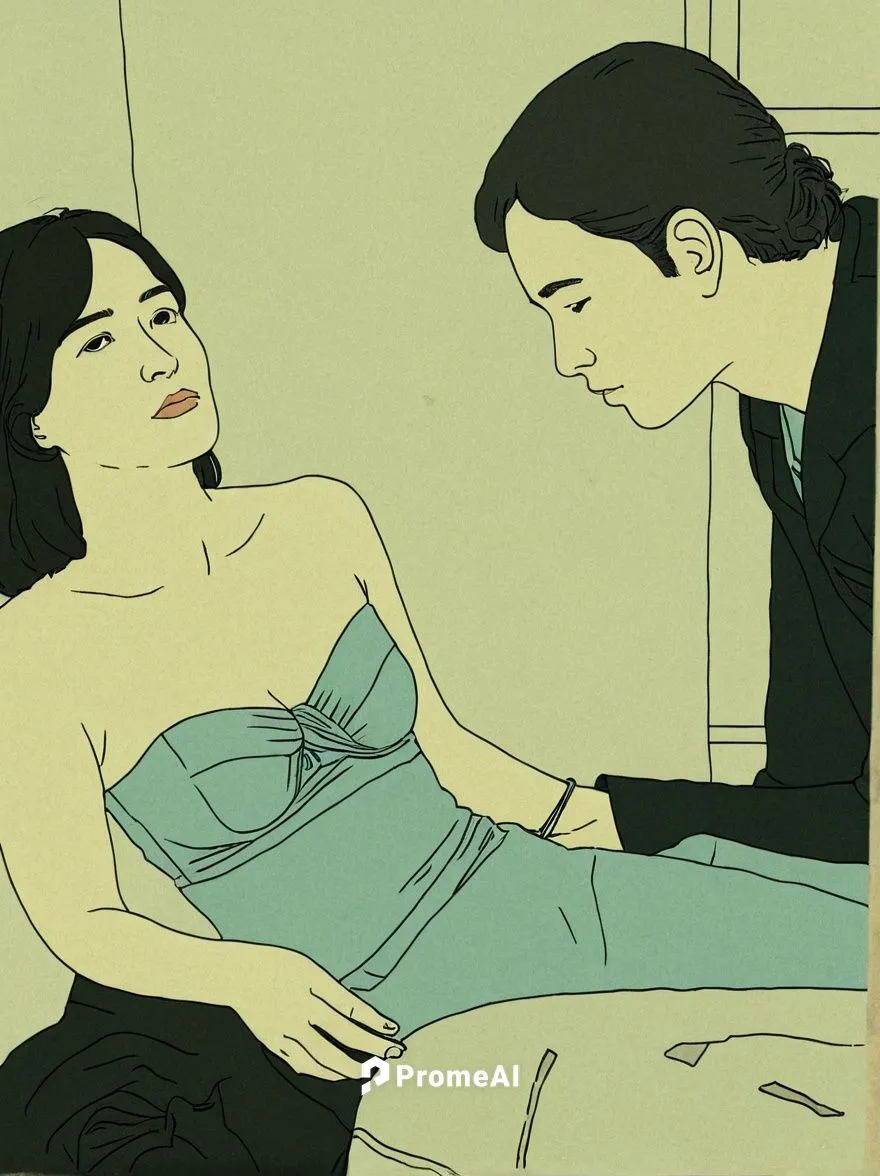 At the diaconal social welfare station.,a woman sits on a bench next to a man with his hand in his stomach,gangloff,blumstein,phonogram,handmaiden,wesselmann,kitaj,Illustration,Vector,Vector 10