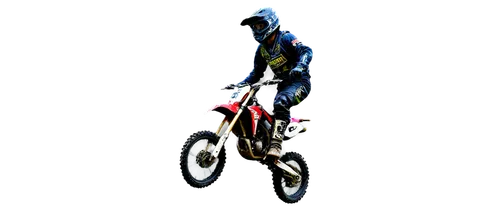 Motocross dirt bike, dynamic jumping pose, male rider, helmet, goggles, racing suit, knee pads, boots, mud splatter, rugged terrain, cloudy sky, low-angle shot, dramatic lighting, high-speed motion bl