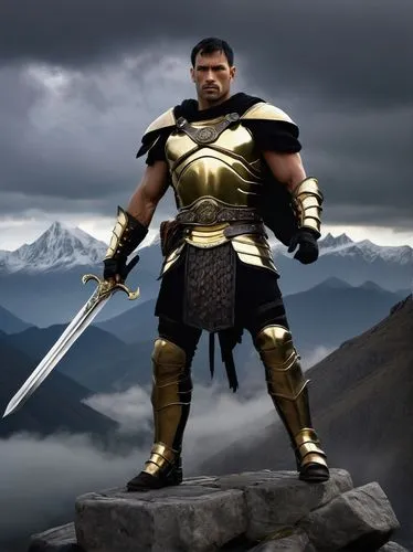 Tarnis, mysterious warrior, muscular male, solo, (35yo), rugged facial features, scar above left eyebrow, short black hair, golden armor, silver trim, leather gloves, broadsword, standing, heroic pose