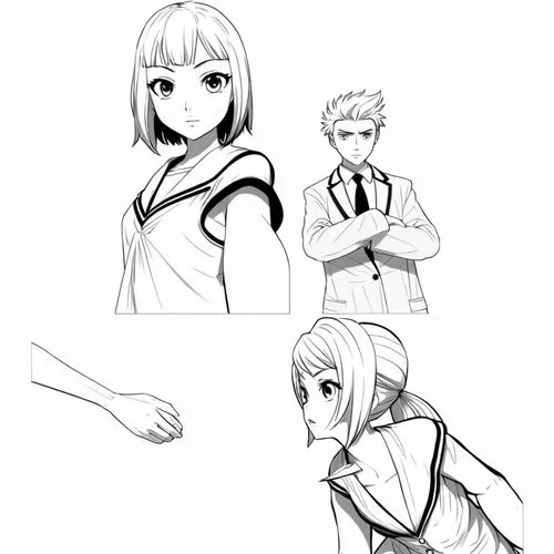 some black and white drawings of two anime characters,fighting poses,gestures,hand gestures,ichiko,soejima,shirou,Design Sketch,Design Sketch,Black and white Comic