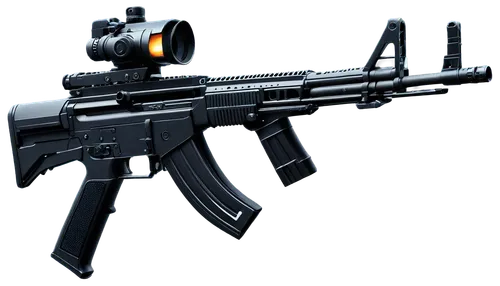 Assault rifle, modern design, metallic material, black finish, intricate details, ergonomic grip, muzzle flash, smoke effect, dynamic pose, low-angle shot, cinematic lighting, shallow depth of field, 