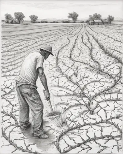 pencil art,field cultivation,agriculture,farmworker,pencil drawings,the dry season,agroculture,irrigation,desertification,agricultural,farmers,furrows,charcoal drawing,farmer,pencil drawing,farming,arid,paddy harvest,salt harvesting,drought,Illustration,Black and White,Black and White 30