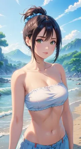 a female in a bikini and a shirt on the beach,shimei,beach background,longmei,mei,niijima,yanmei,Anime,Anime,Realistic