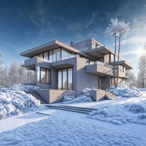  ,a wintery rendering of a contemporary home,winter house,3d rendering,snow house,cubic house,modern house,snow roof,Season,Winter