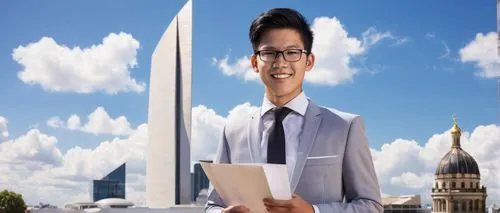 Diploma in architectural design, young adult, male, suited, tie, glasses, short black hair, holding diploma, standing, proud smile, architectural model, modern building, cityscape, blue sky, white clo