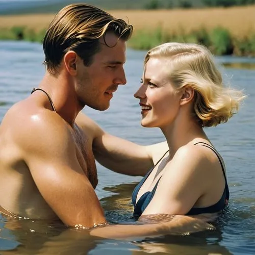 una bella mujer rubia de 30 años y su  marido de 30 años de pelo corto castaño y liso nadan y juegan en un rio solitario de sudafricano en 1931,the blonde in the river,eva saint marie-hollywood,kuryak