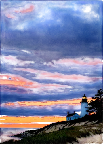 Massachusetts state outline, evening silhouette, dark blue sky, golden sunset, iconic Cape Cod lighthouse, sandy dunes, rugged coastline, windswept trees, dramatic clouds, 3/4 composition, low-angle s