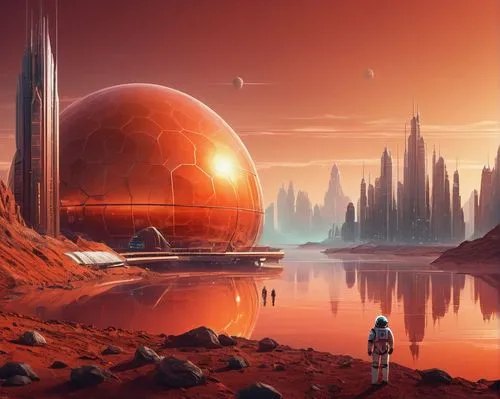 Mars, futuristic, lake-side, architecture, space station, spherical shape, metallic material, neon lights, holographic advertisements, towering skyscrapers, underwater tunnels, glass domes, robotic ma