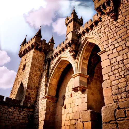 Ancient stone parapet, intricately carved, worn by time, weathered texture, crumbling edges, majestic castle wall, medieval setting, dramatic lighting, low-angle shot, heroic composition, warm color t