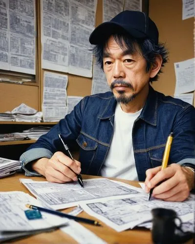 One Piece creator, Eiichiro Oda, Japanese middle-aged man, casual wear, blue denim jacket, white shirt, dark blue jeans, sneakers, holding a pen, sitting at desk, messy office background, papers scatt