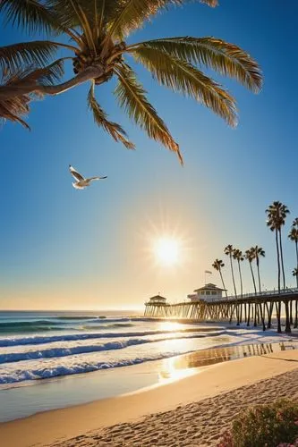 Southern California, sunny day, clear blue sky, palm trees swaying gently, sandy beaches, waves crashing against the shore, surfers riding the waves, beach volleyball players in action, a few seagulls