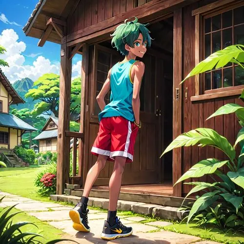 2d,green summer,hatsune miku,emerald,tiki,shorts,summer background,summer day,wiz,summer clothing,miku,emerald sea,anime japanese clothing,aqua,walk,determination,honolulu,studio ghibli,tropical greens,outside,Anime,Anime,General