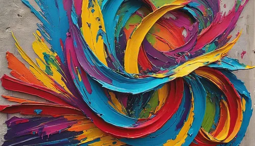 Paint a groovy abstract artwork using vibrant colors and bold brushstrokes.,colorful spiral,abstract multicolor,abstract painting,colorful pasta,color feathers,splash of color,thick paint strokes,colo