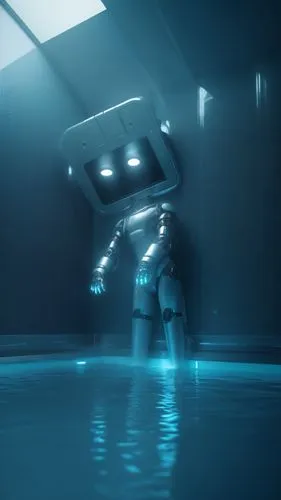 an animated robot walks in a blue pool,kamino,aqua studio,aquanauts,under the water,aquantive,subaquatic,Conceptual Art,Sci-Fi,Sci-Fi 03