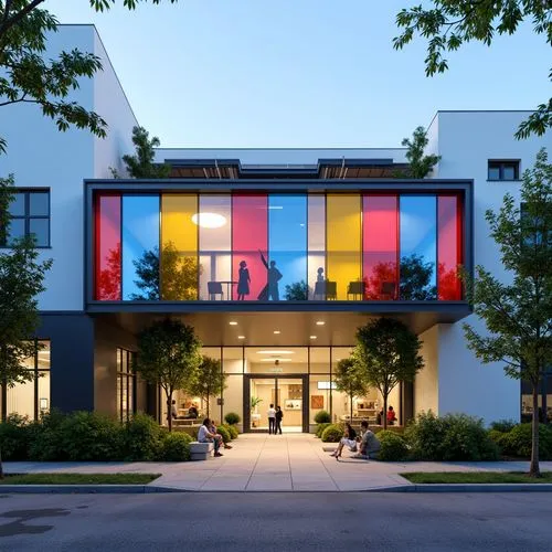 Modern dental clinic facade, social housing complex, angular metal frames, vibrant colored glass panels, translucent canopies, sleek minimalist design, energy-efficient systems, solar panels, green ro