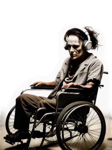 Dark atmosphere, abandoned asylum, creepy sounds, MP3 player, old-fashioned headphones, mysterious figure, dim lighting, eerie shadows, worn-out walls, rusty medical equipment, broken wheelchairs, fog