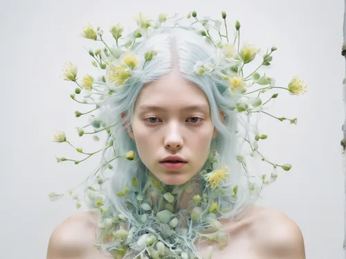 dryad,flower fairy,elven flower,dahlia white-green,junshan yinzhen,girl in flowers,kahila garland-lily,mint blossom,spring crown,blooming wreath,flower crown,girl in a wreath,spring unicorn,elven,flora,faerie,crown flower,ikebana,flower girl,wreath of flowers,Photography,Fashion Photography,Fashion Photography 25