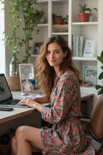 "Empower your work routine with strong self-motivation, thriving in a visually dynamic, creativity-inducing environment.






,a beautiful young woman in floral dress sitting at a desk working on her