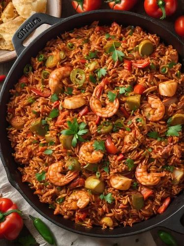 Write a mouthwatering recipe for a spicy jambalaya bursting with Cajun flavors.,paella,jambalaya,arroz con pollo,arroz con gandules,spanish rice,dak galbi,arroz a la valenciana,chili con carne,jalfrez