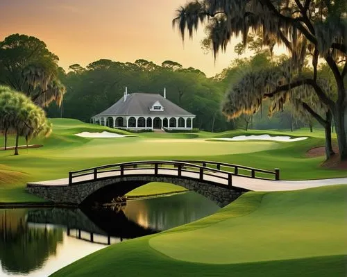 Golf course landscape, beautiful rolling hills, lush green grass, serene atmosphere, majestic clubhouse, wooden bridge over water hazard, golf cart path, scenic lakeside, trees with Spanish moss, sunn