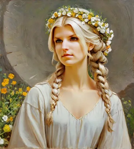 jessamine,girl in a wreath,emile vernon,bouguereau,girl in flowers,wreath of flowers,flower crown,beautiful girl with flowers,rapunzel,fantasy portrait,franz winterhalter,floral wreath,young girl,mucha,blooming wreath,portrait of a girl,girl picking flowers,spring crown,girl in the garden,flower girl