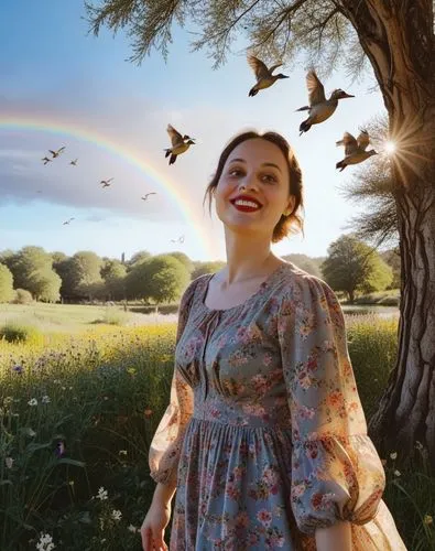 a woman is standing in front of a rainbow,anjo,chasing butterflies,mcmorrow,rainbow background,lafourcade,rainbow butterflies