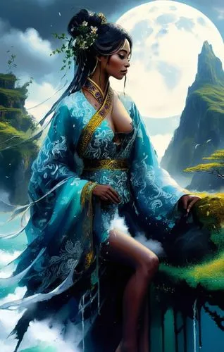 an image of a beautiful woman standing next to some water,oshun,amphitrite,azura,moana,baoshun,kahlan,Illustration,Realistic Fantasy,Realistic Fantasy 25