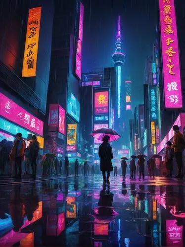 Pono graphic, digital illustration, futuristic cityscape, neon lights, skyscraper, Tokyo style, bustling streets, holographic advertisements, giant screens, cyberpunk atmosphere, rainy night, reflecti