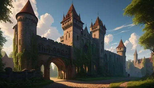 Lindsey medieval castle, grandeur, intricate stone carvings, Gothic windows, tall spires, fortified walls, majestic entrance gates, lush greenery surroundings, misty morning atmosphere, warm sunlight 