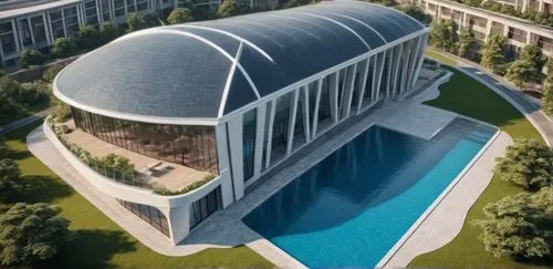 remove pool only curve roof,an architectural rendering of a building next to a large swimming pool,zhengzhou,hahnenfu greenhouse,blavatnik,koolhaas,kigali,zhangzhou