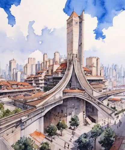 architectural watercolor drawings,there is an advertising sign for a music studio,gondolin,tirith,megalopolis,shanghai disney,coruscant,naboo,Illustration,Paper based,Paper Based 07