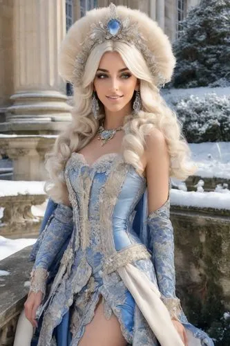 model headshot，Women's Fashion，
American Minimalism,a  blonde in a blue and silver costume,suit of the snow maiden,ice princess,ice queen,margairaz,the snow queen,winterblueher,Photography,Realistic