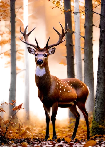 Majestic deer, 10-point buck, strong antlers, brown fur, white belly, muscular legs, hooves, forest habitat, autumn season, leaves scattered around, misty morning atmosphere, soft golden lighting, sha